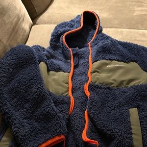 Eddie Bauer Blue and Green Fleece Jacket with Orange Trim